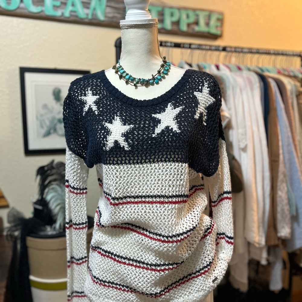 Hollister Blue and White Crew Neck Sweater